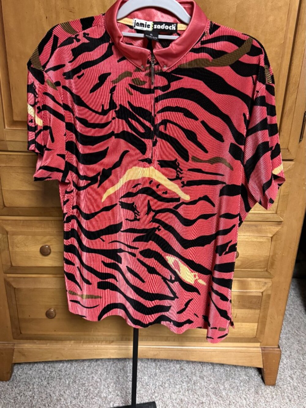 Jamie Sadock Polo Shirt Womens XL Red Tiger Print Zip Collar Golf Athletic Top